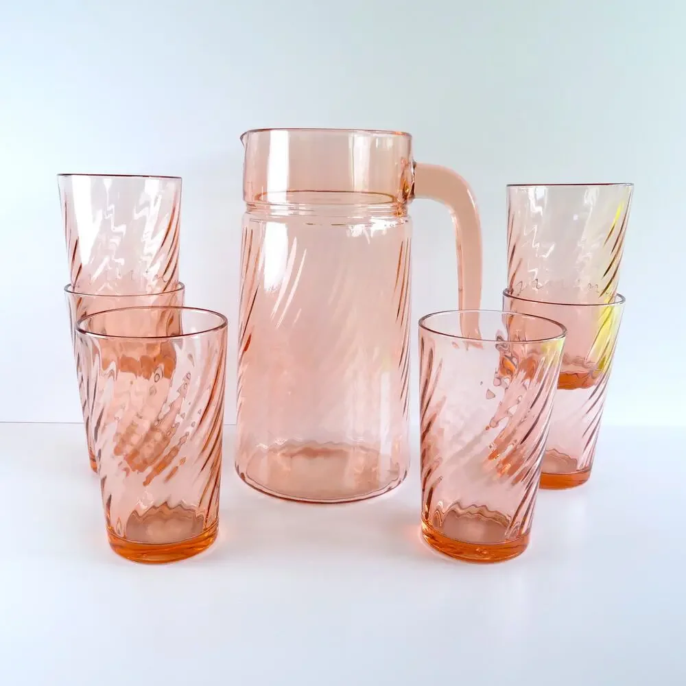 Vintage Arcoroc France Rosaline Pink Swirl Pitcher and Glasses 7 Piece Set